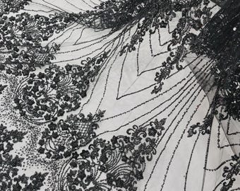 Black Luxury Geometric Design Beads and Sequins, Beaded Fabric Embroidered on a Mesh Lace By The Yard