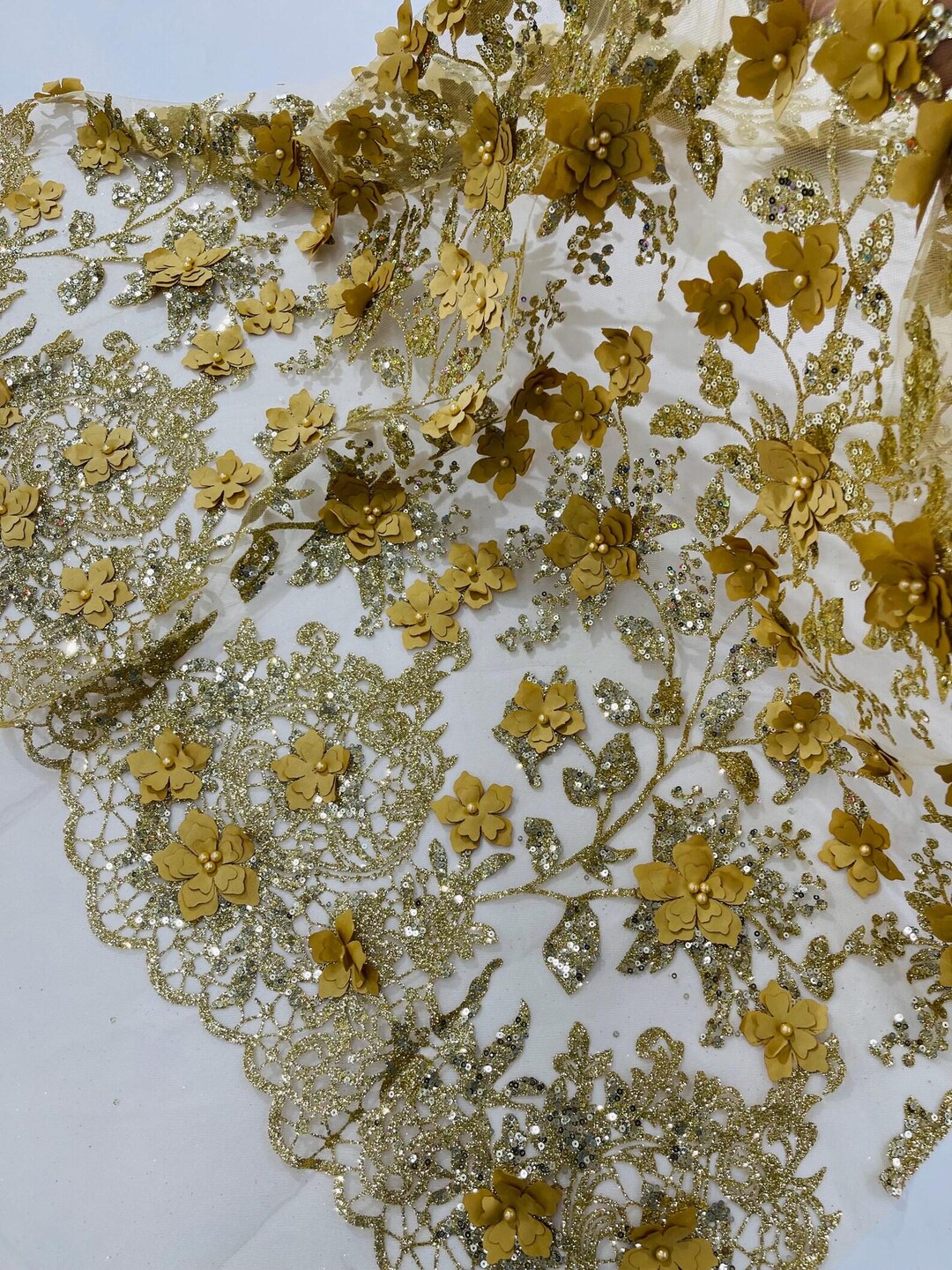 Gold 3D Flower Sequin Fabric, Glitter Floral Mesh, Wedding Dress by the ...