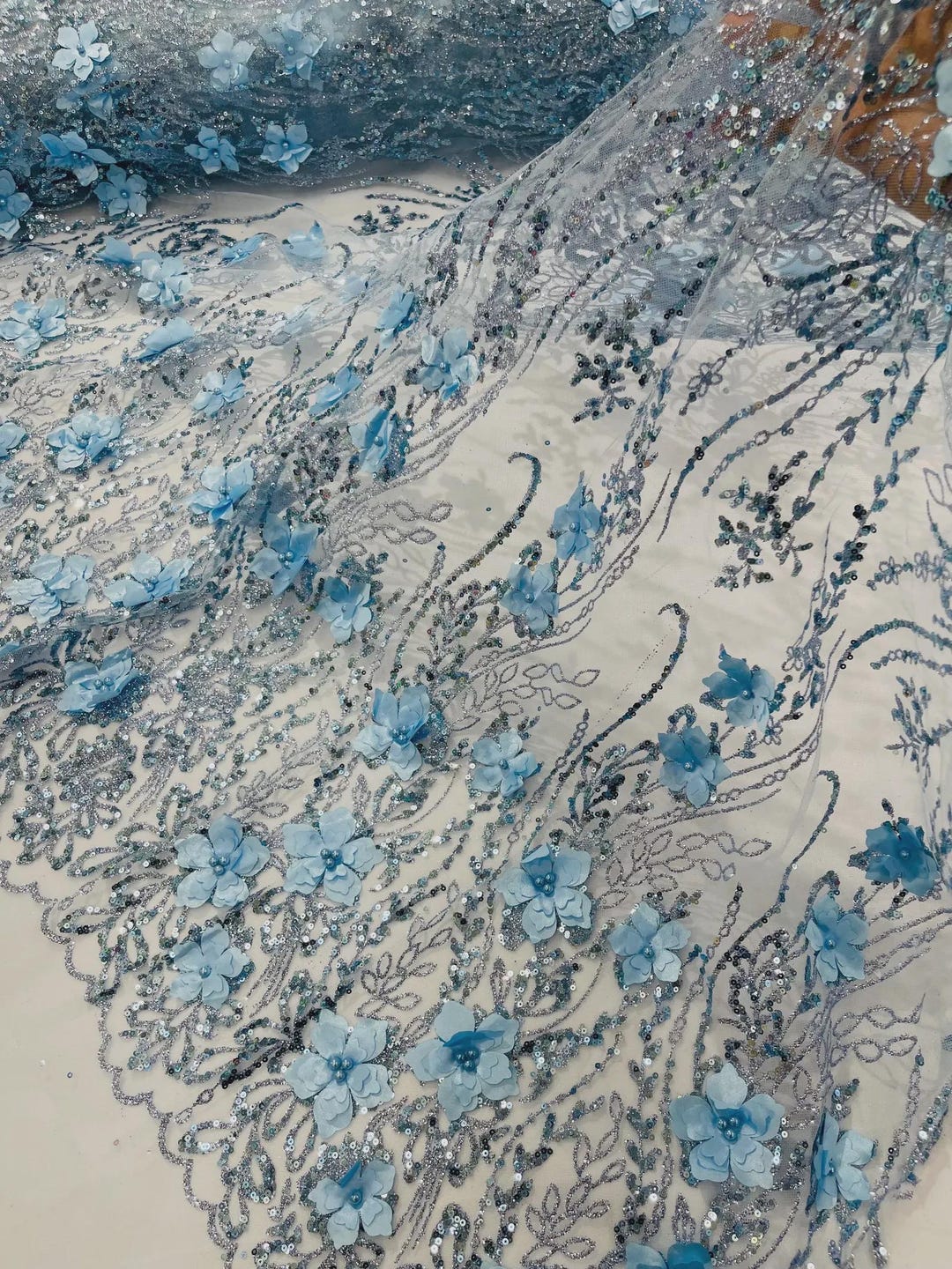 Baby Blue 3D Flower Sequin Fabric by Yard, Glitter Floral Lace, Wedding ...