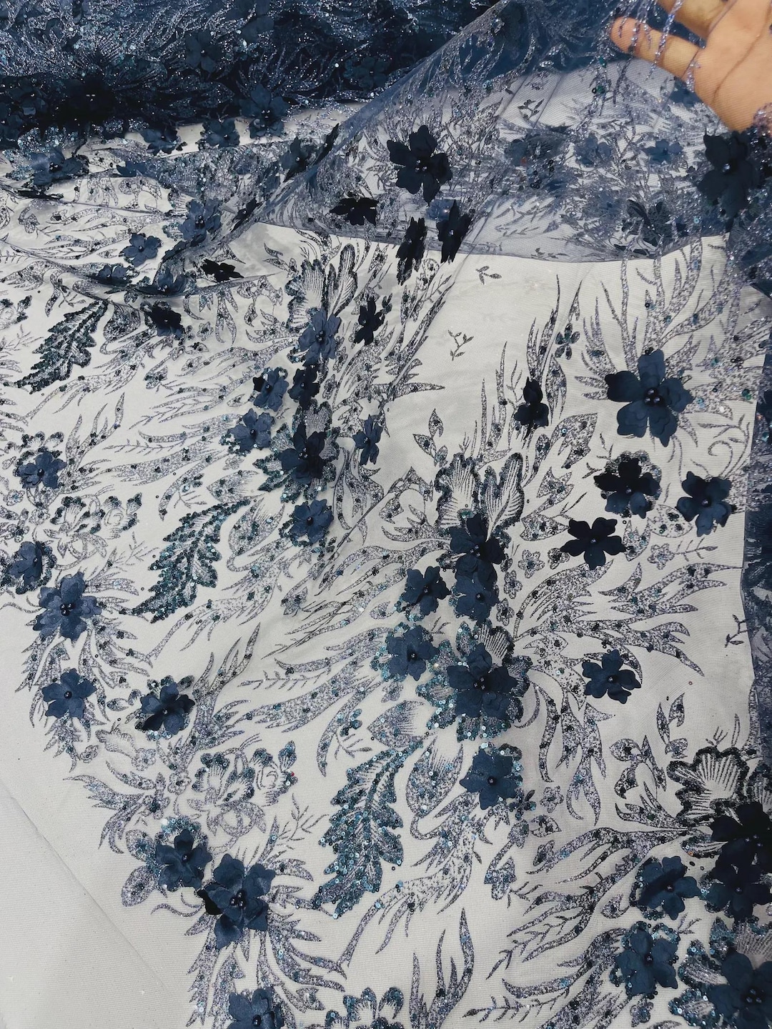 Navy Blue Glitter Floral Mesh, Glitter 3D Flower Sequin Fabric by the ...