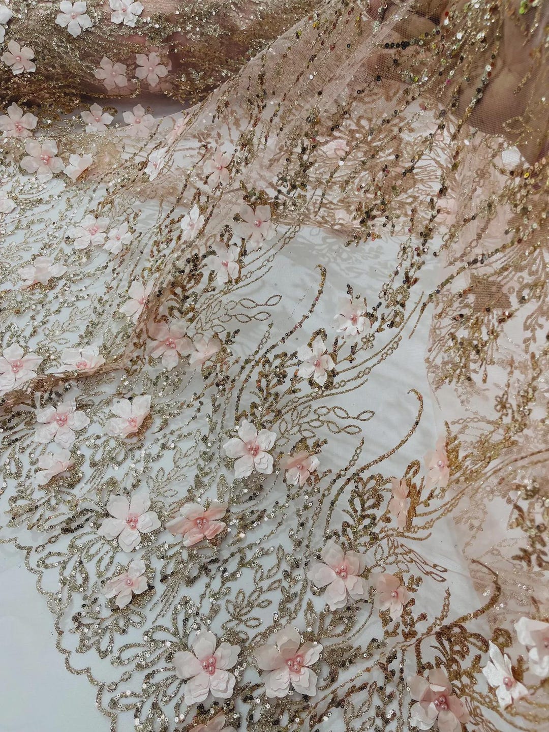 Rose Gold 3D Flower Sequin Fabric by Yard, Glitter Floral Lace, Wedding ...