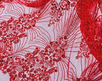 Red Luxury Geometric Design Beads and Sequins, Beaded Fabric Embroidered on a Mesh Lace By The Yard