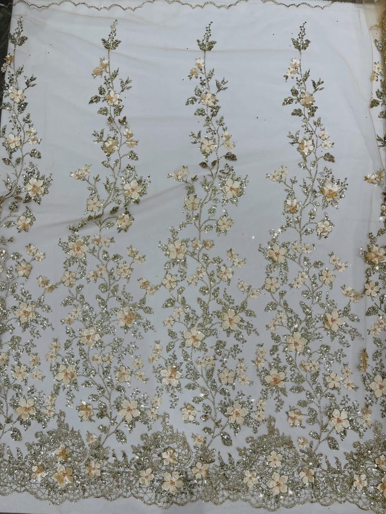 Gold 3D Flower Sequin Fabric, Glitter Floral Mesh, Wedding Dress by the ...