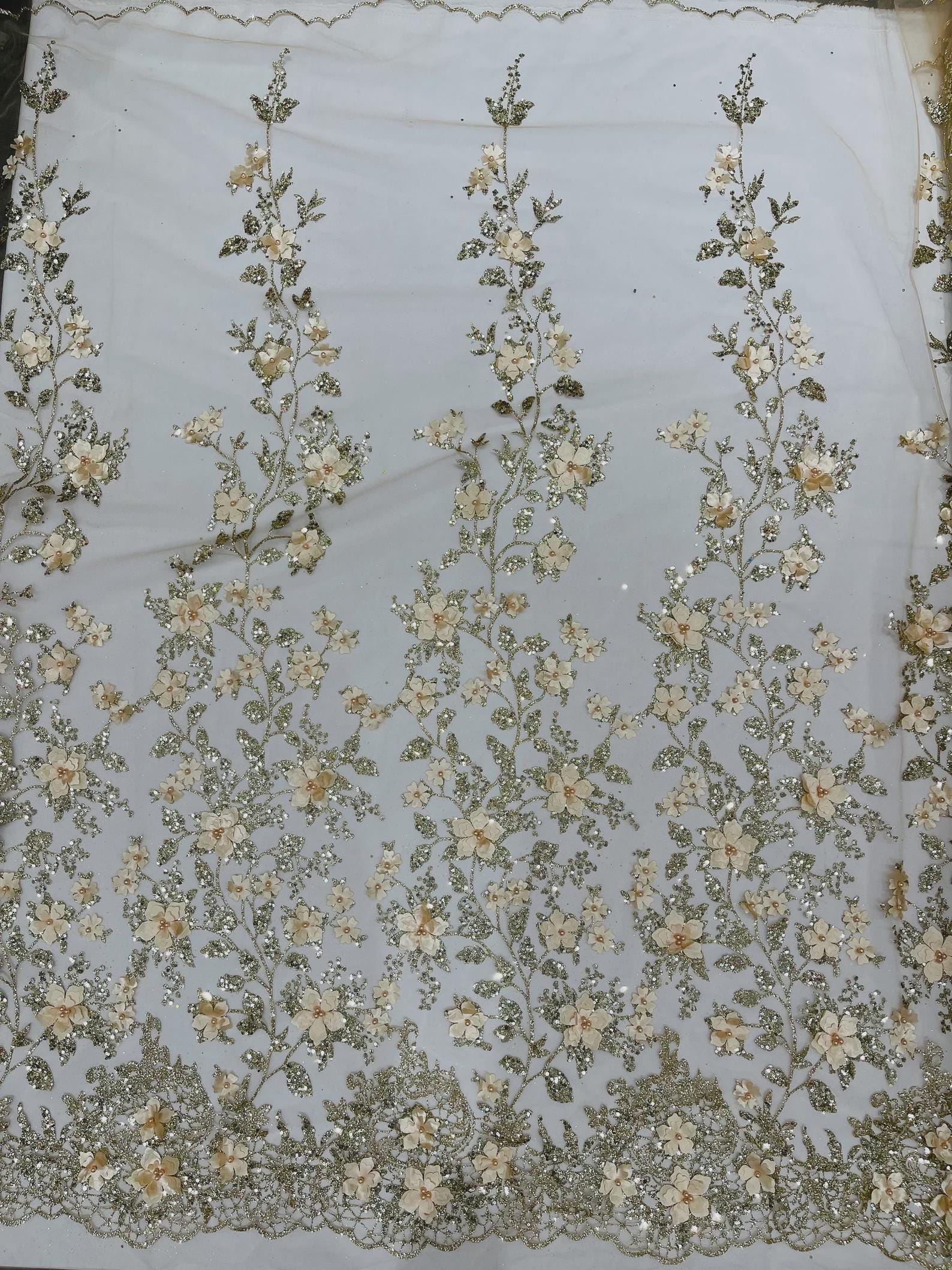 Gold 3D Flower Sequin Fabric, Glitter Floral Mesh, Wedding Dress by the ...