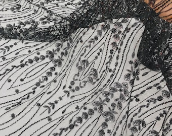 Black Beaded Lace Fabric: Embroidered Mesh, Bridal Wedding Dress - By The Yard