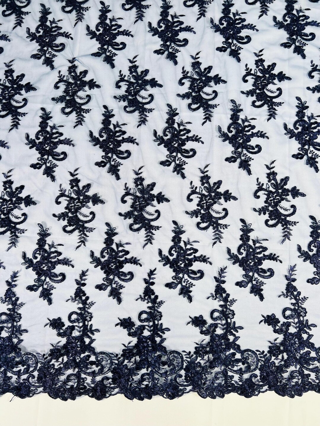 Navy Blue Floral Lace Fabric: Embroidered Sequins Mesh, Corded Fabric ...