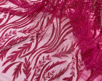 Fuchsia Beaded Lace Fabric: Embroidered Leaf Pattern By The Yard