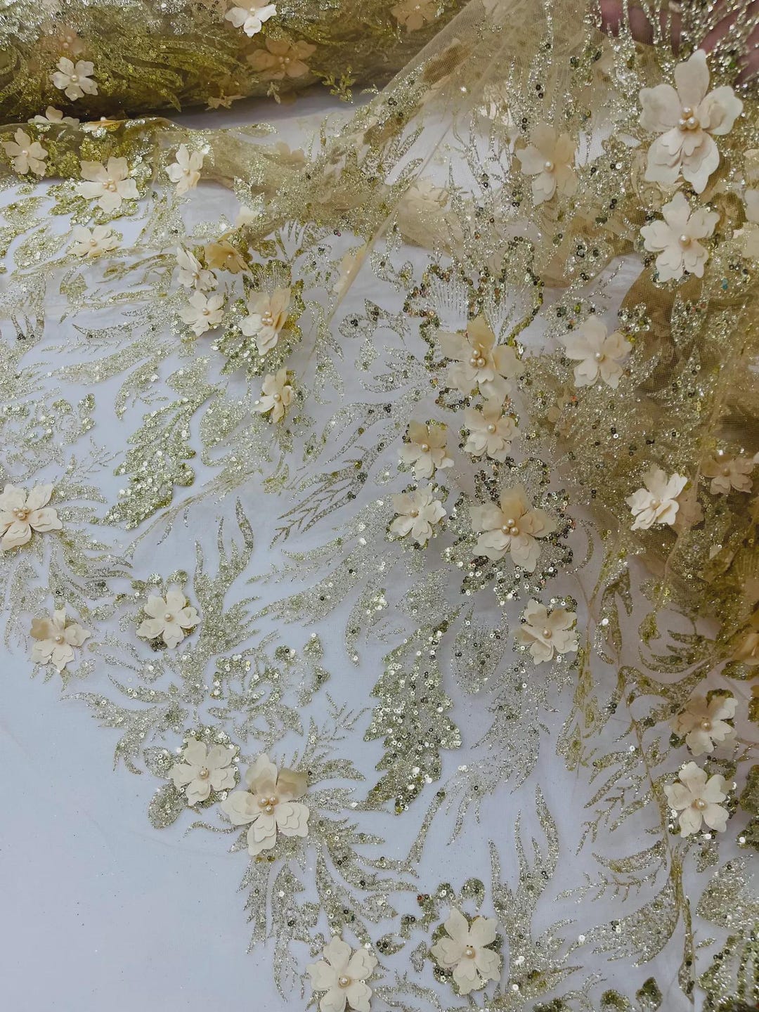 Champagne Glitter Floral Mesh, Glitter 3D Flower Sequin Fabric by the ...