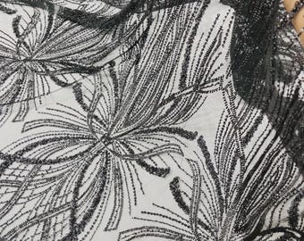 Schwarzer Perlen-Spitzenstoff: Gesticktes Netzgewebe, Brautkleid, Hochzeitskleid - lose Lagerware