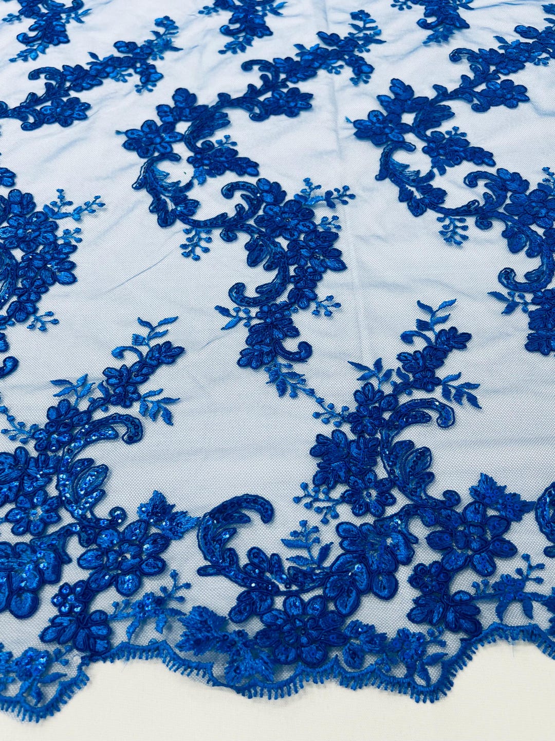 Royal Blue Floral Lace Fabric: Embroidered Sequins Mesh, Corded Fabric ...