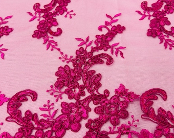 Fuchsia Florale Spitze Stoff: Gestickte Pailletten Mesh, Gekordelte Stoff Meterware