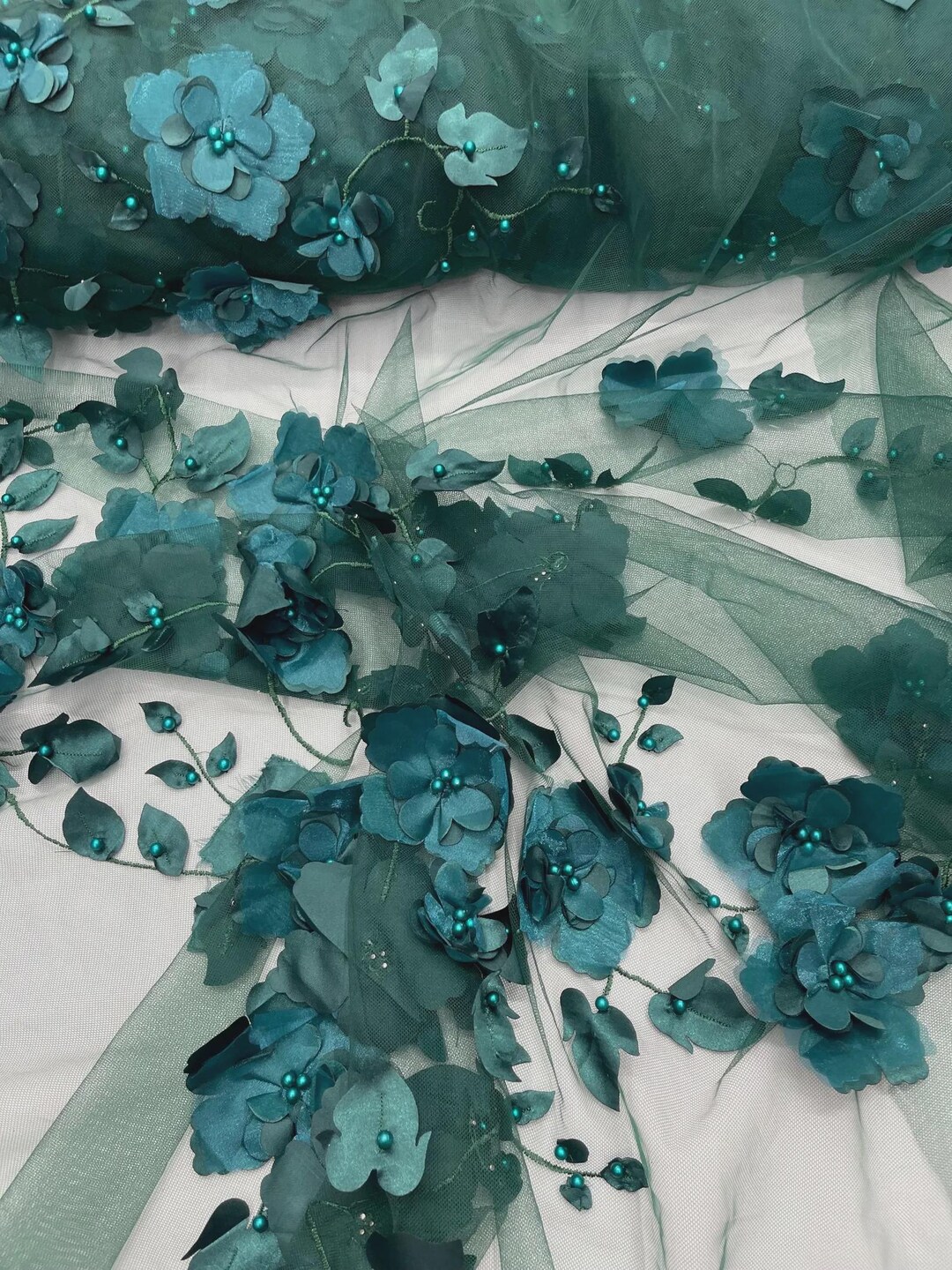 Hunter Green 3D Floral Lace Fabric With Pearls - Orquidia Design by the ...