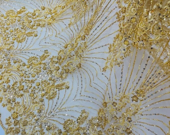 Gold Luxury Geometric Design Beads and Sequins, Beaded Fabric Embroidered on a Mesh Lace By The Yard