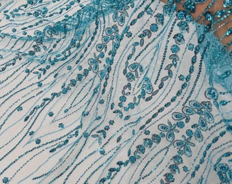 Turquoise Beaded Lace Fabric: Embroidered Mesh, Bridal Wedding Dress - By The Yard