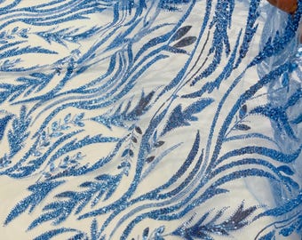 Blue Beaded Lace Fabric: Embroidered Leaf Pattern By The Yard