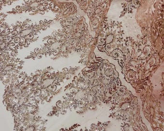 Rose Gold Trim Glitter Mesh Lace Fabric, Glitter Damask Dresses, Nightgowns, Fashion Apparel By The Yard