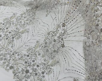 Silver Luxury Geometric Design Beads and Sequins, Beaded Fabric Embroidered on a Mesh Lace By The Yard