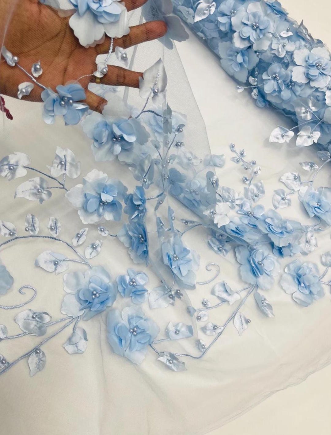 Baby Blue 3D Floral Lace Fabric With Pearls - Orquidia Design by the ...