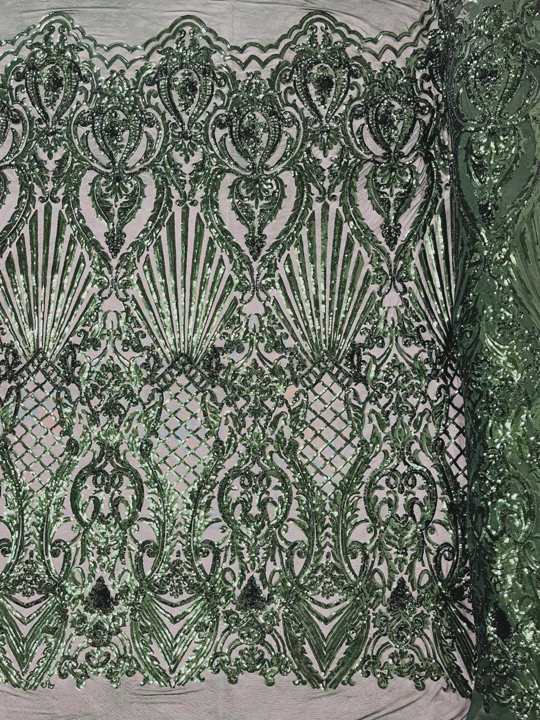 Hunter Green Damask Selena Design on a 4 Way Stretch Sequin Lace Mesh ...