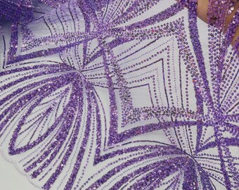 May include: A sheer lavender mesh fabric featuring intricate geometric patterns and floral-inspired motifs. The design is heavily embellished with shimmering purple sequins and fine beadwork, creating a textured, repeating decorative layout.