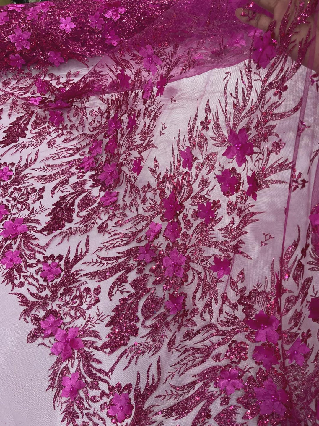Fuchsia Glitter Floral Mesh, Glitter 3D Flower Sequin Fabric by the ...