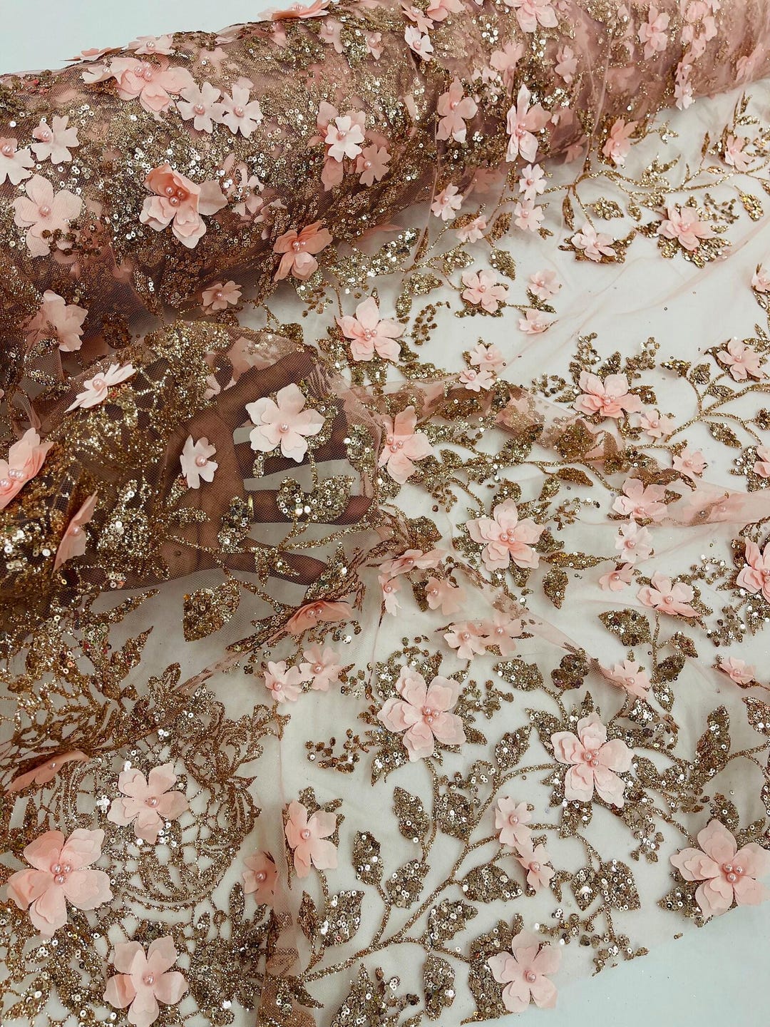 Royal Blue 3D Flower Sequin Fabric, Glitter Floral Mesh, Wedding Dress ...