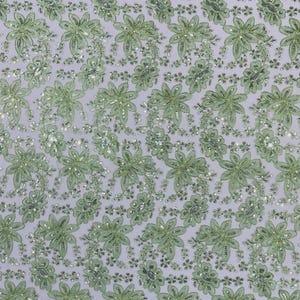 Sage Lace Fabric With Sequins, Metallic Thread Flower Embroidery By The Yard