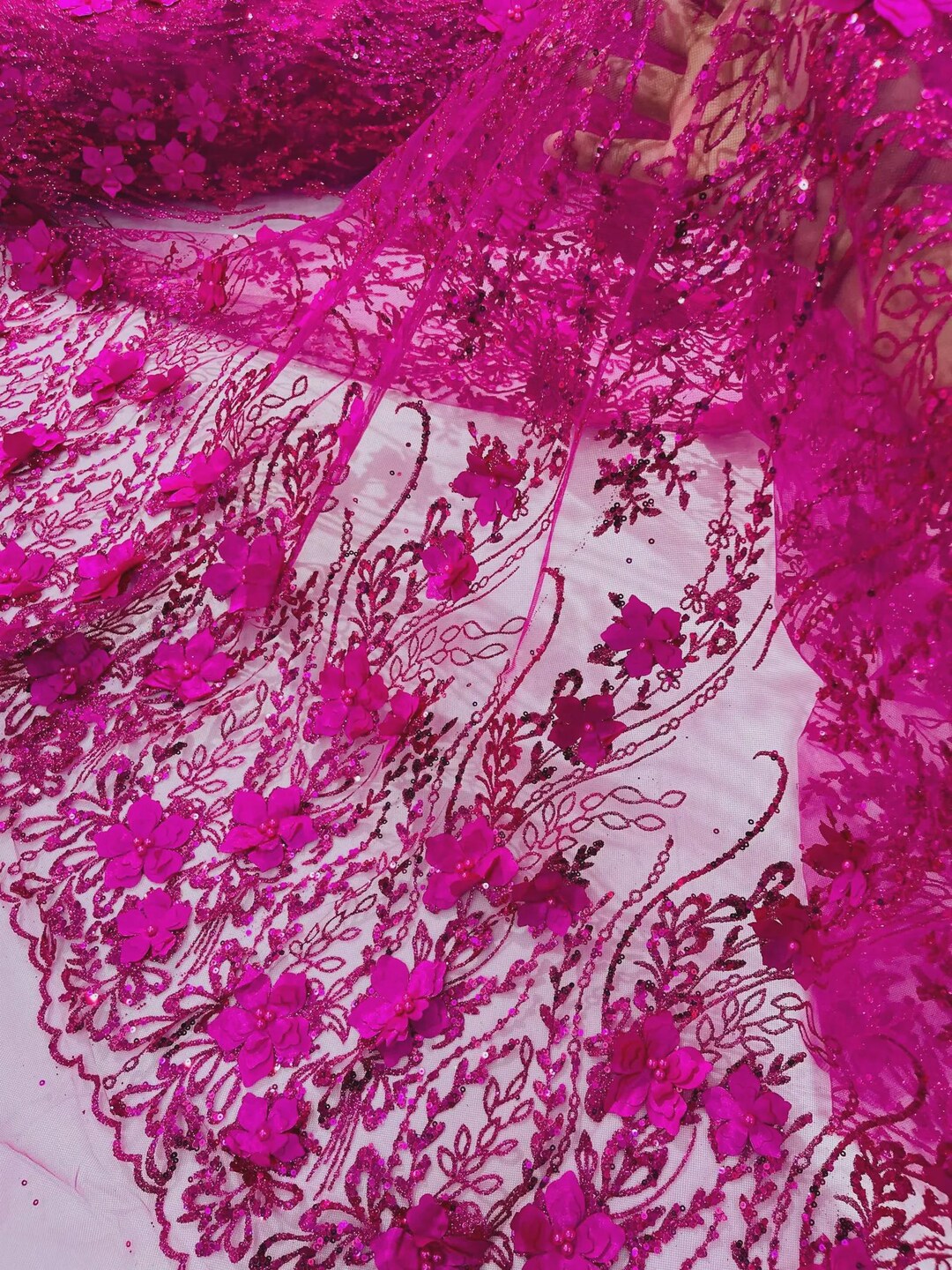 Fuchsia 3D Flower Sequin Fabric by Yard, Glitter Floral Lace, Wedding ...