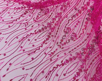 Hot Pink Beaded Lace Fabric: Embroidered Mesh, Bridal Wedding Dress - By The Yard