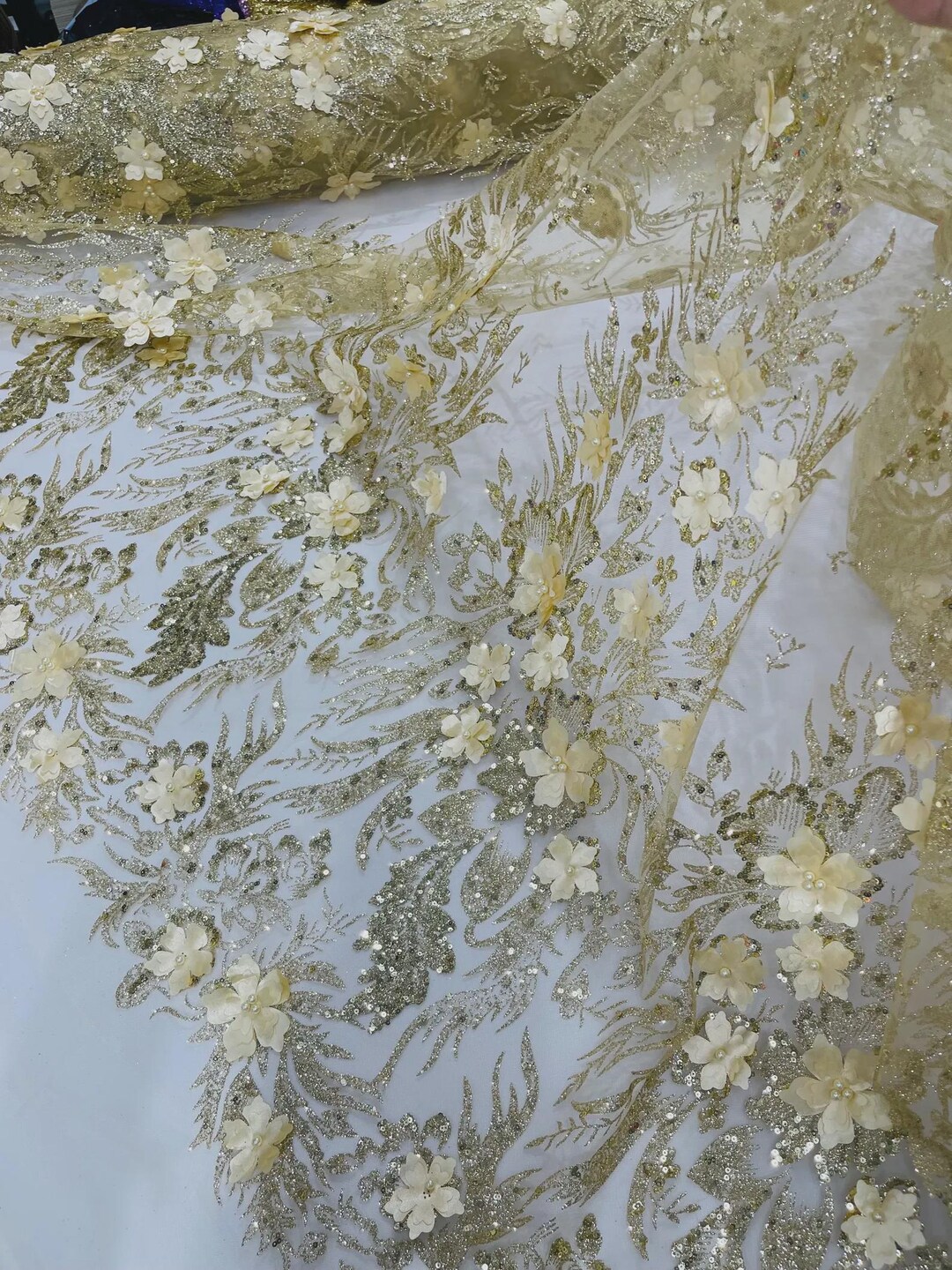 Gold Glitter Floral Mesh, Glitter 3D Flower Sequin Fabric by the Yard ...