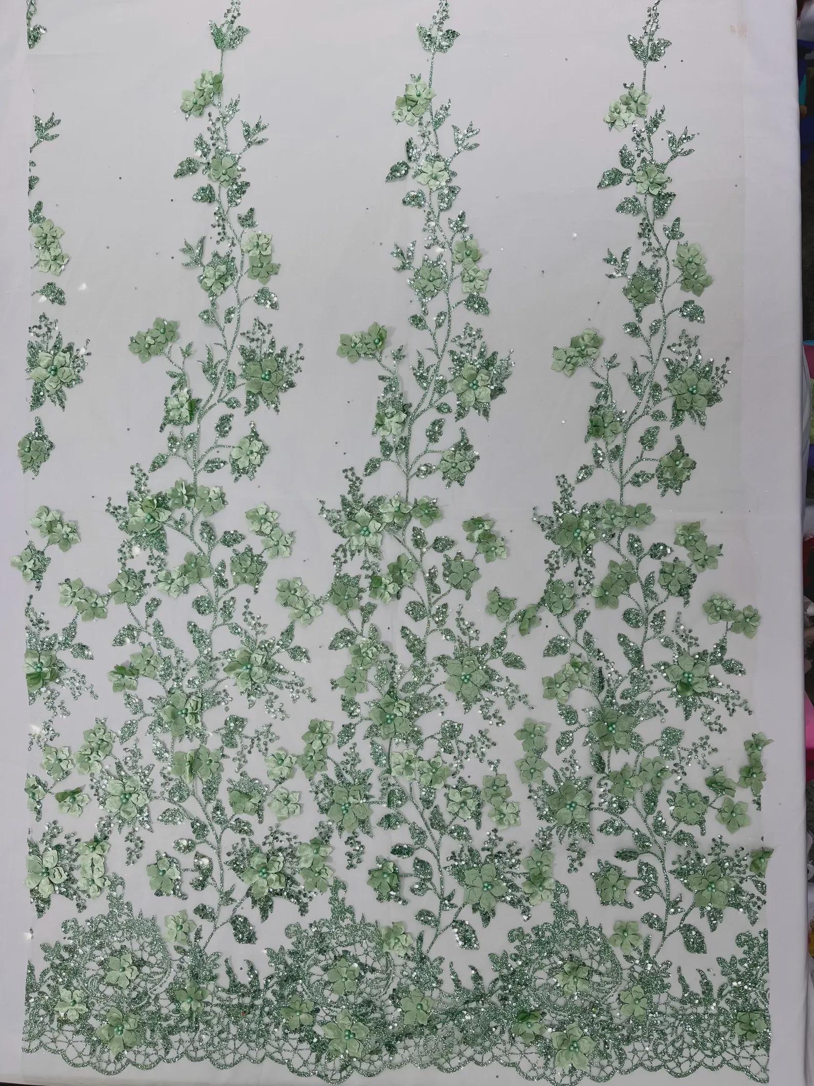 Sage 3D Flower Sequin Fabric, Glitter Floral Mesh, Wedding Dress by the ...