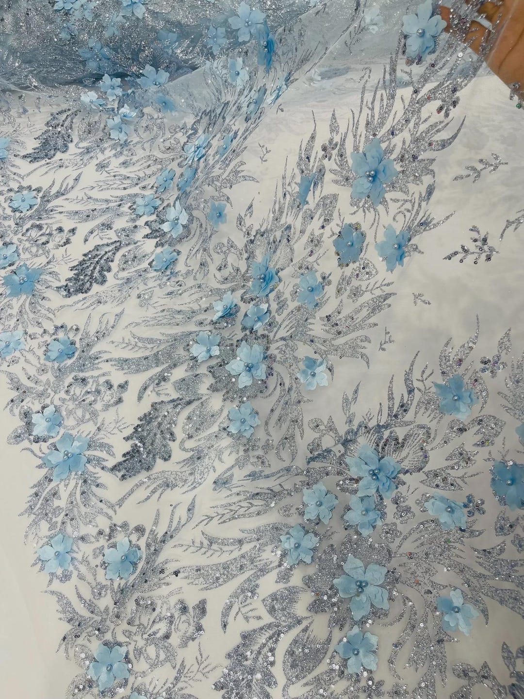 Baby Blue Glitter Floral Mesh, Glitter 3D Flower Sequin Fabric by the ...