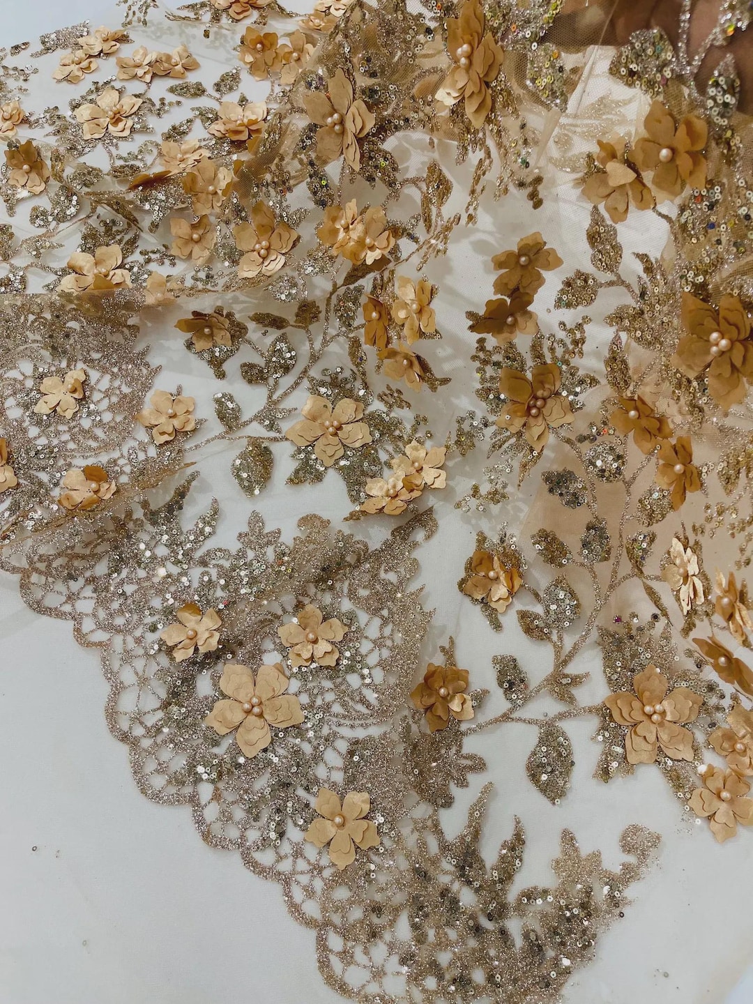 Skin Gold 3D Flower Sequin Fabric, Glitter Floral Mesh, Wedding Dress ...