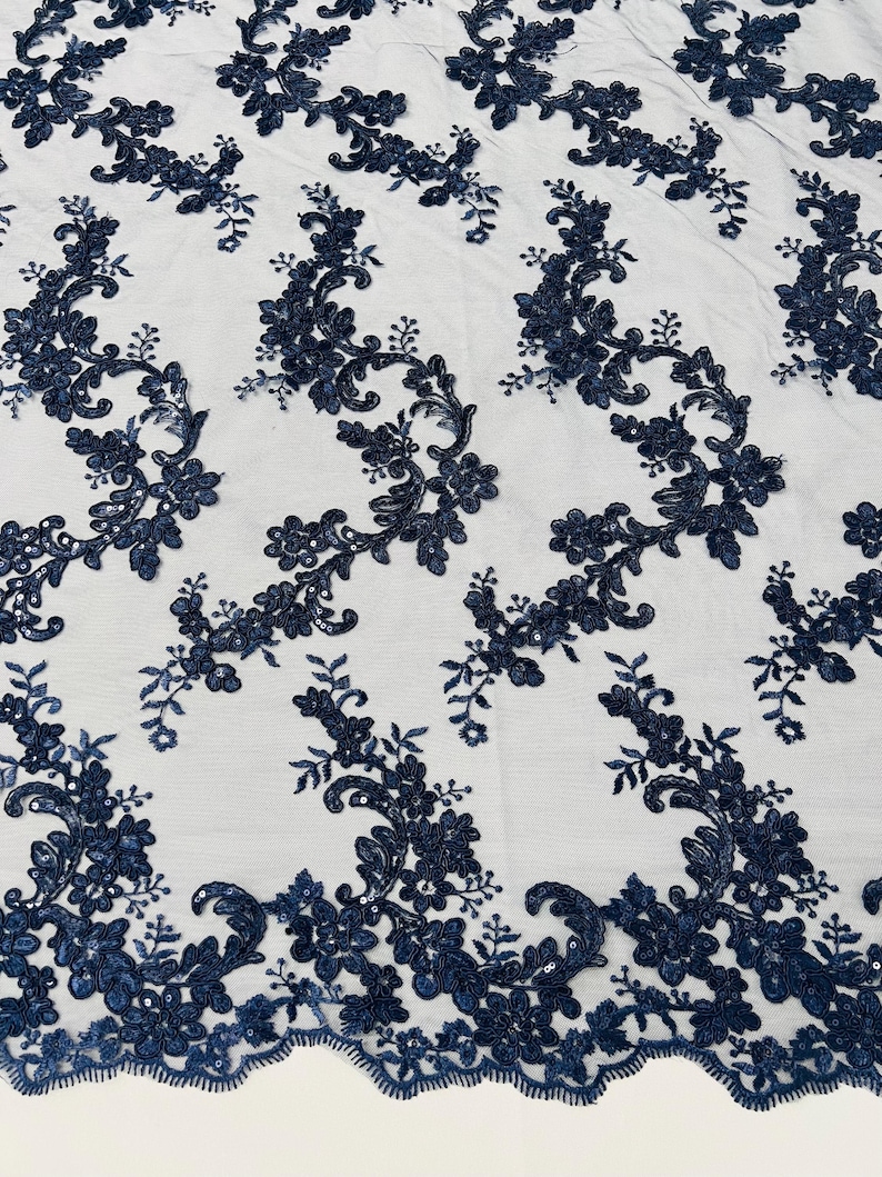 Navy Blue Floral Lace Fabric: Embroidered Sequins Mesh, Corded Fabric ...