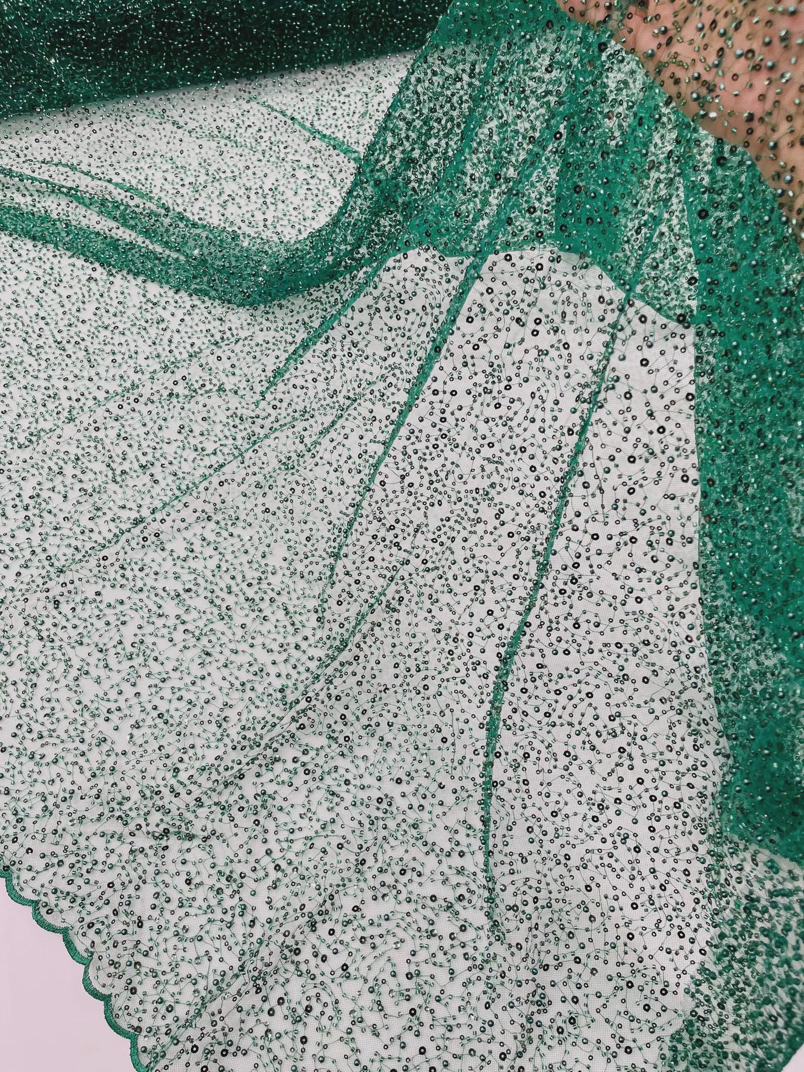 Hunter Green Rain Design Embroidery, Beaded Sequin Mesh Lace Fabric by ...