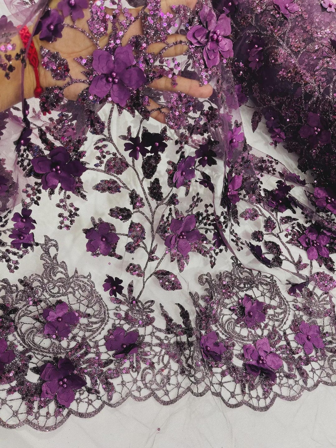 Plum 3D Flower Sequin Fabric, Glitter Floral Mesh, Wedding Dress by the ...