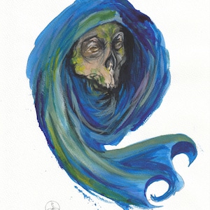 Peut inclure: Peinture à l'aquarelle d'un crâne avec une cape à capuche bleue. Le crâne est peint dans des tons de vert et de beige, avec la cape dans des tons de bleu et de vert. L'œuvre est sur fond blanc.