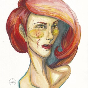 Peut inclure: Portrait à l'aquarelle d'une personne aux cheveux roux et au teint pâle. L'œuvre présente des taches jaunes et des éclaboussures rouges sur le visage, avec un accent sur les yeux et les lèvres. Le style est illustratif.