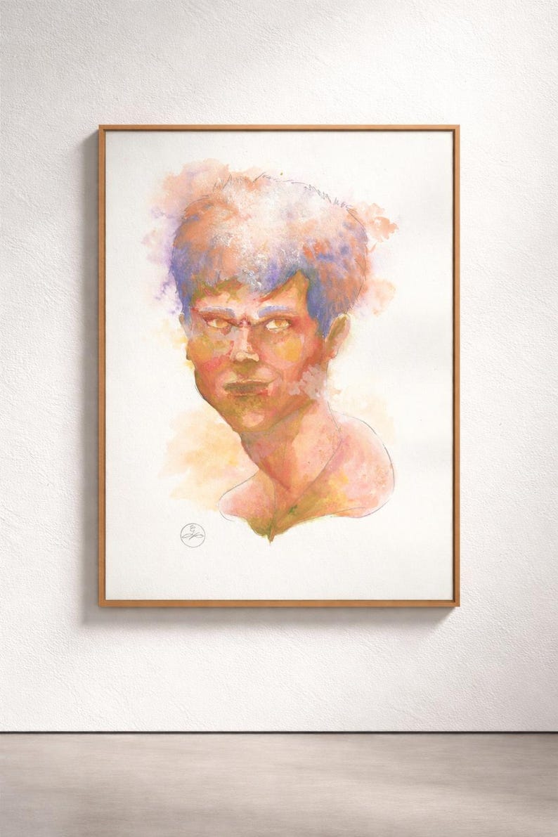 May include: Watercolor portrait of a person with orange, yellow, and purple hues. The artwork is framed in a light brown wooden frame and is set against a white wall. The subject's expression is intense.