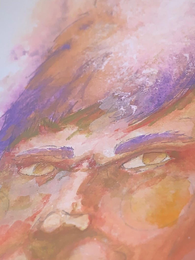 May include: Watercolor painting of a person's face, featuring warm tones of orange, peach, and brown. The eyes are a light yellow, and the eyebrows are a deep purple. The artwork has a soft, blended style.