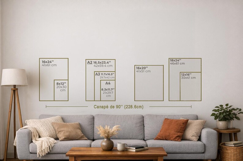 May include: A living room scene with a gray sofa, wooden coffee table, and a floor lamp. The wall displays framed art prints in various sizes, including 16x24" (41x61 cm), 8x12" (20x30 cm), and others, with measurements in inches and centimeters.