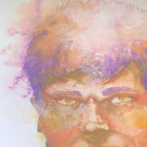 May include: Watercolor portrait of a person's face, featuring warm tones of orange, peach, and yellow. The hair is a mix of orange and purple, with the eyes and lips highlighted. The artwork has a soft, blended style.