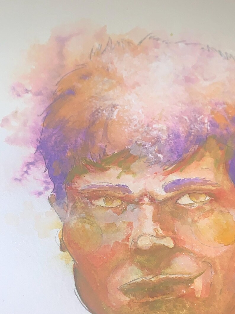May include: Watercolor portrait of a person's face, featuring warm tones of orange, peach, and yellow. The hair is a mix of orange and purple, with the eyes and lips highlighted. The artwork has a soft, blended style.
