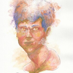May include: Watercolor portrait of a person with orange, purple, and pink tones. The subject has short hair and is looking forward. The artwork is on white paper and has a soft, blended style.