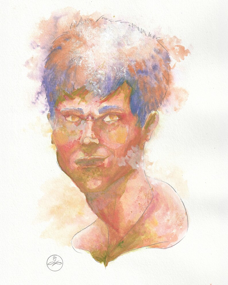 May include: Watercolor portrait of a person with orange, purple, and pink tones. The subject has short hair and is looking forward. The artwork is on white paper and has a soft, blended style.