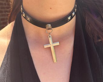 Studded Leather Cross Choker – Handmade Goth Punk Necklace