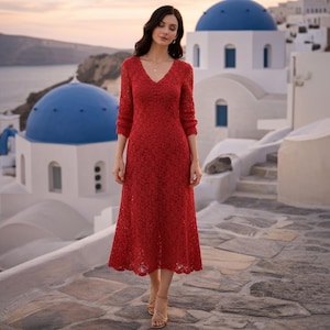 Red Lace Midi Dress - Etsy