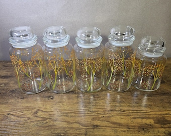 Vintage Anchor Hocking Glass Canister Set Floral Orange Yellow w Lids MCM
