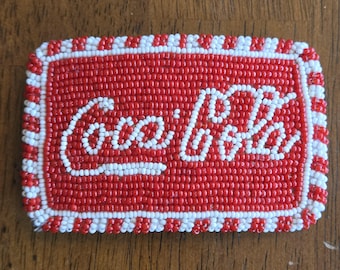 VTG Native American Handmade Coca Cola Beaded Belt Buckle Red White Folk Art