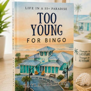 May include: A hardcover book titled Too Young for Bingo by Kayla Crockett. The cover features a watercolor illustration of a teal coastal house with a blue roof, palm trees, and a beach scene under a sunset sky. The text reads Life in a 55+ Paradise.